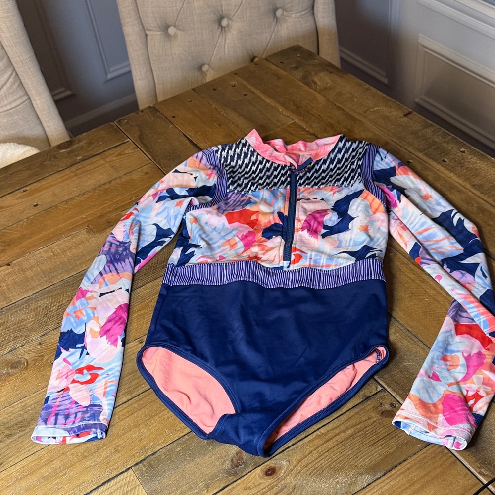 Athleta Kids Swim Rashguard - Navy and Pink Floral Size 12/ L